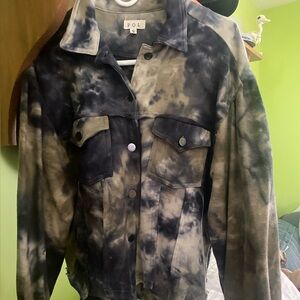POL GREEN , BLUE and Tan Tie-Dye Jacket , raw hemmed, puffy sleeves
